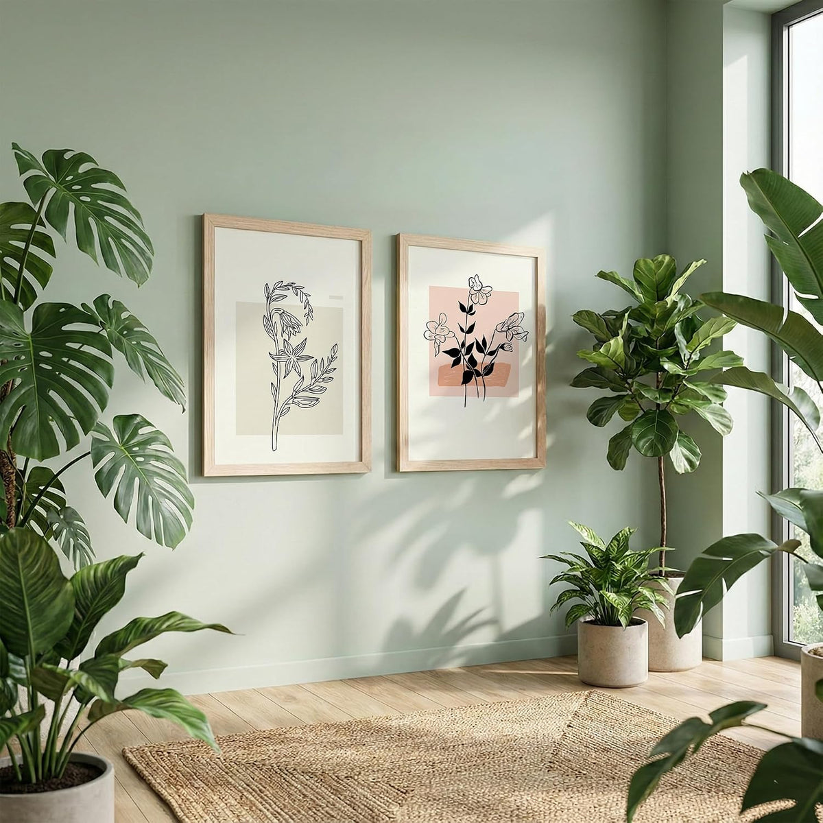 Minimalist Line Art Floral Wall Art Frames Painting Set of 2 | Modern Abstract Botanical Framed Posters Artwork | Neutral Beige Aesthetic Scandinavian Home Decor Frames for Living Room, Bedroom and Office (Ready to Hang) (Natural, Art-19, 10x13inch)