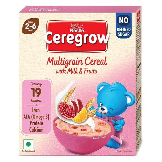 CEREGROW Multigrain Cereal with Milk & Fruits, NO Refined Sugar, from 2-6 Years, with Iron, Protein, Calcium, Omega 3, Instant Cereal, 300g, Bag-in-Box Pack