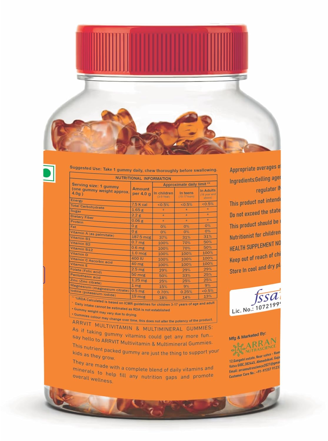ARRVIT GUMMIES Multivitamin Gummies with Vit. B5 & B12 (For kids, Men & Women) Soft Candy/Delicious Orange Flavor with Multi minerals (30 Gummies) 1-PACK