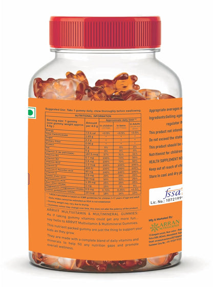 ARRVIT GUMMIES Multivitamin Gummies with Vit. B5 & B12 (For kids, Men & Women) Soft Candy/Delicious Orange Flavor with Multi minerals (30 Gummies) 1-PACK