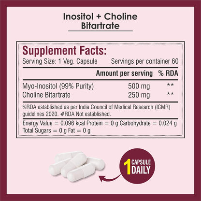 Biotrex Nutraceuticals Myo Inositol & Choline Bitartrate 750mg Complex, Healthy Brain & Nervous System, 99% High Purity Grade Inositol - 60 Vegetarian Capsules