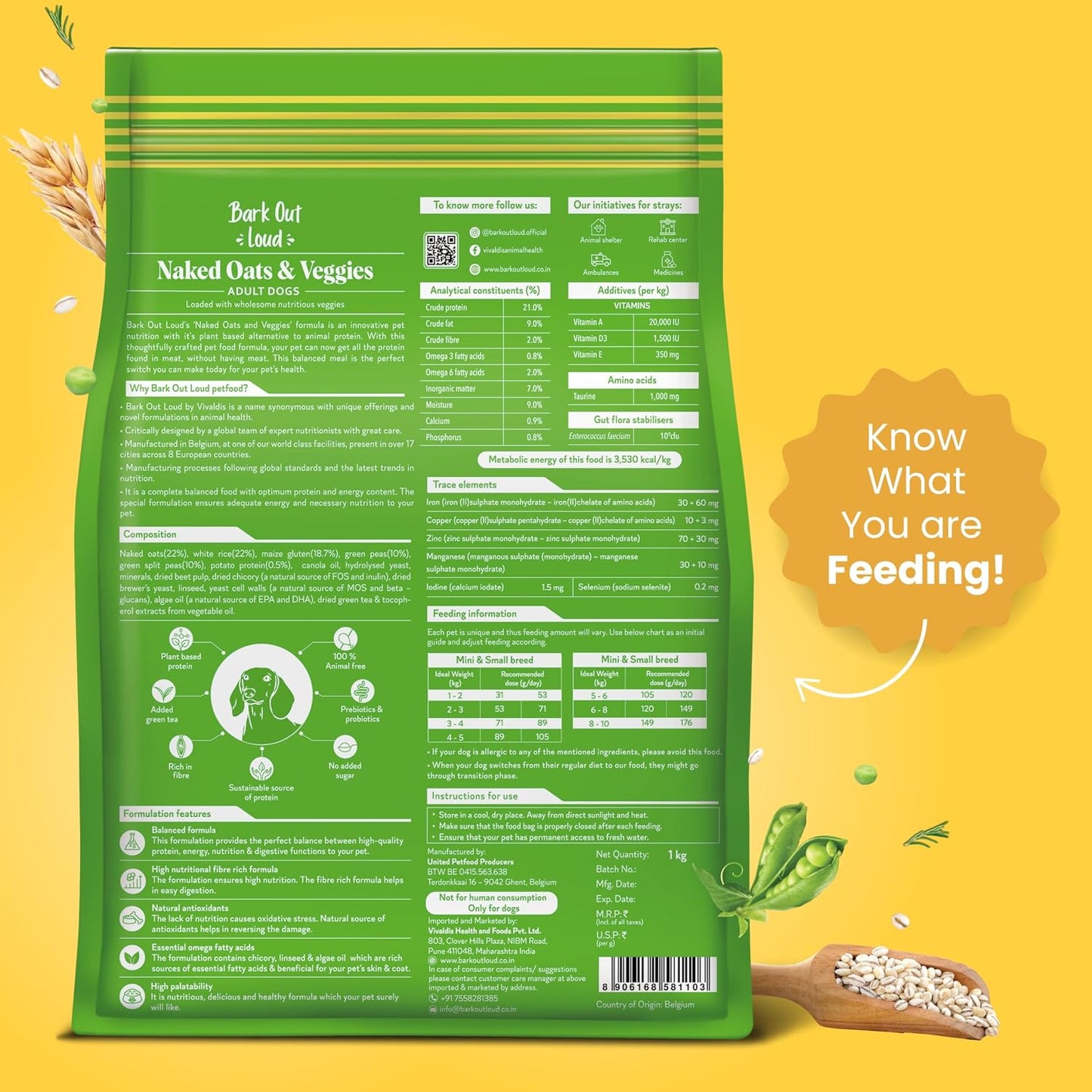 Bark Out Loud/Vivaldis - Naked Oats & Veggies, Small/Mini Breeds | Premium Veg Dog Food | Prebiotics & Probiotics, Vitamins and Fibre | Vegeterian Dry Dog Food Kibbles (1 Kg)
