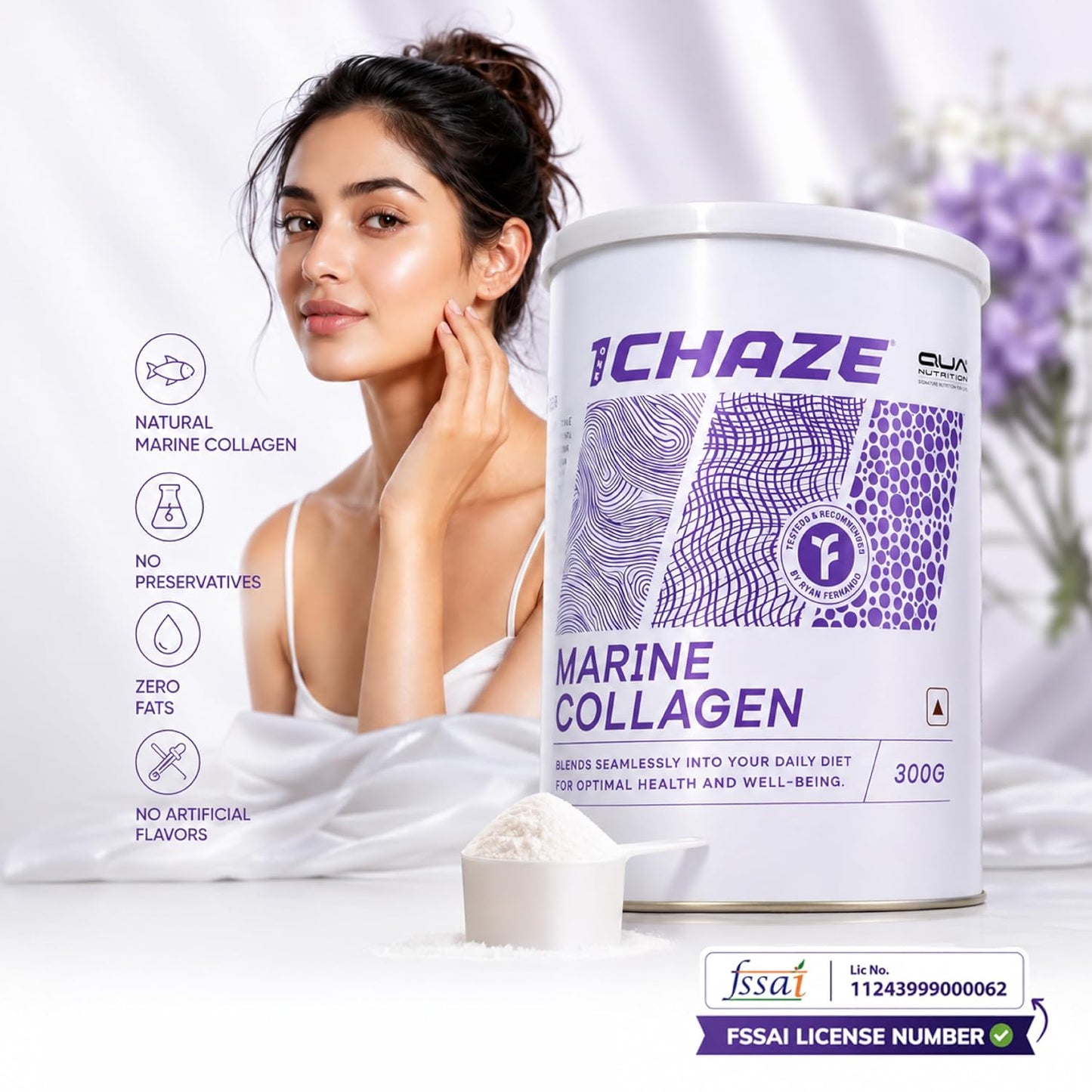 QUA Nutrition 1Chaze Marine Collagen Powder | Natural Collagen Supplements for Women & Men | Type 1 Peptides for Skin, Hair, Nails, Joints | Gluten-Free, Zero Sugar, Keto Friendly | 10g x 25 Servings