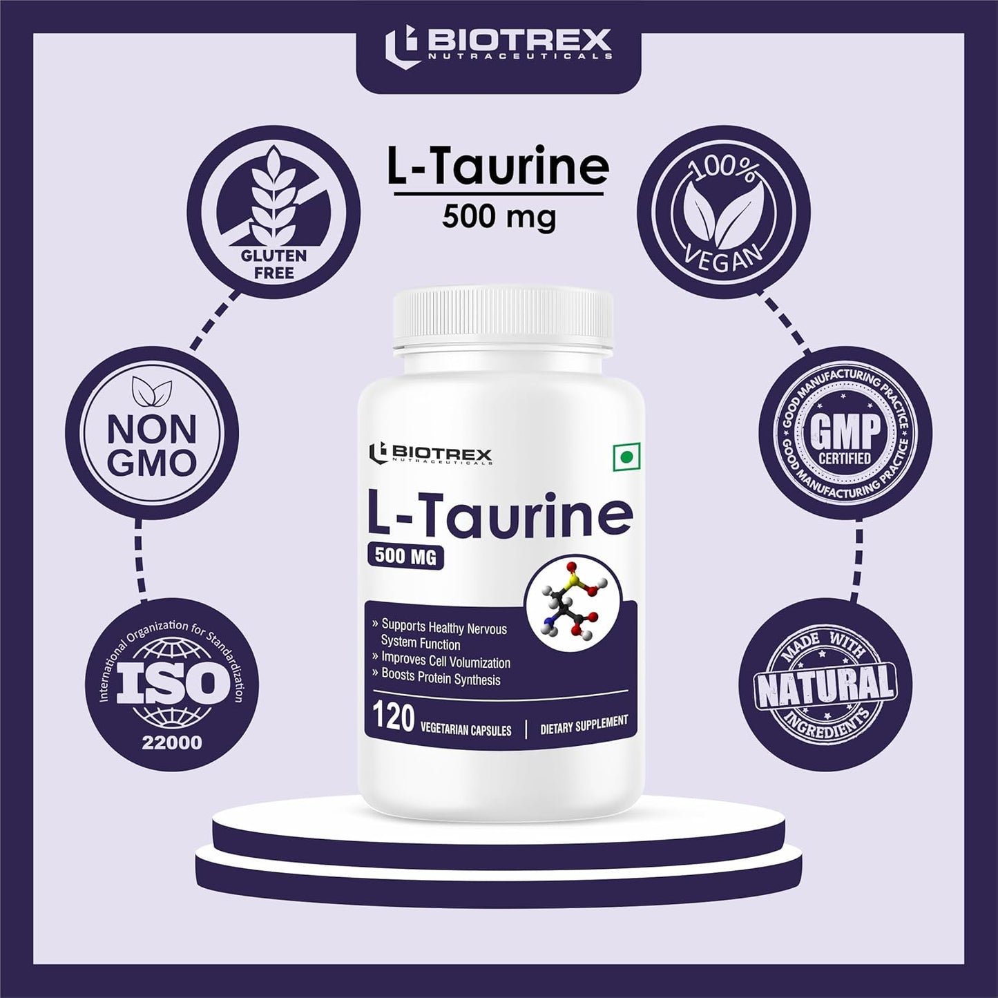 Biotrex Nutraceuticals L-Taurine 500mg Supplement, Energy, Heart, Brain & Eye Health Support, Cardiovascular system, 120 Vegetarian Capsules