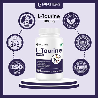 Biotrex Nutraceuticals L-Taurine 500mg Supplement, Energy, Heart, Brain & Eye Health Support, Cardiovascular system, 120 Vegetarian Capsules