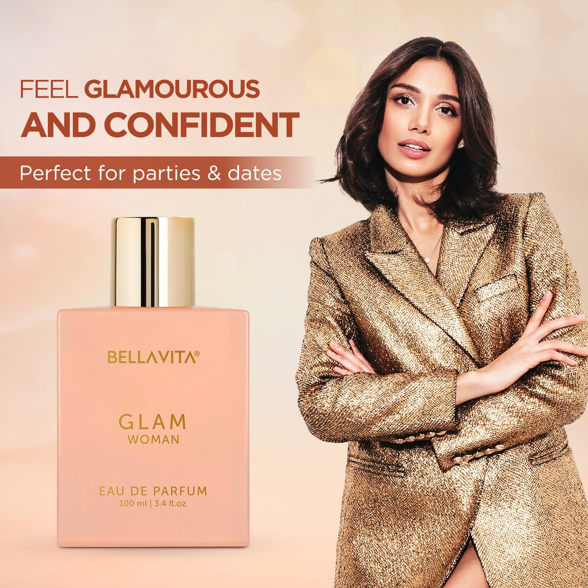 BellaVita Glam Woman perfume bottle with a woman in a gold coat on a beige background