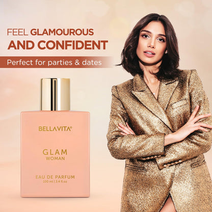 BellaVita Glam Woman perfume bottle with a woman in a gold coat on a beige background