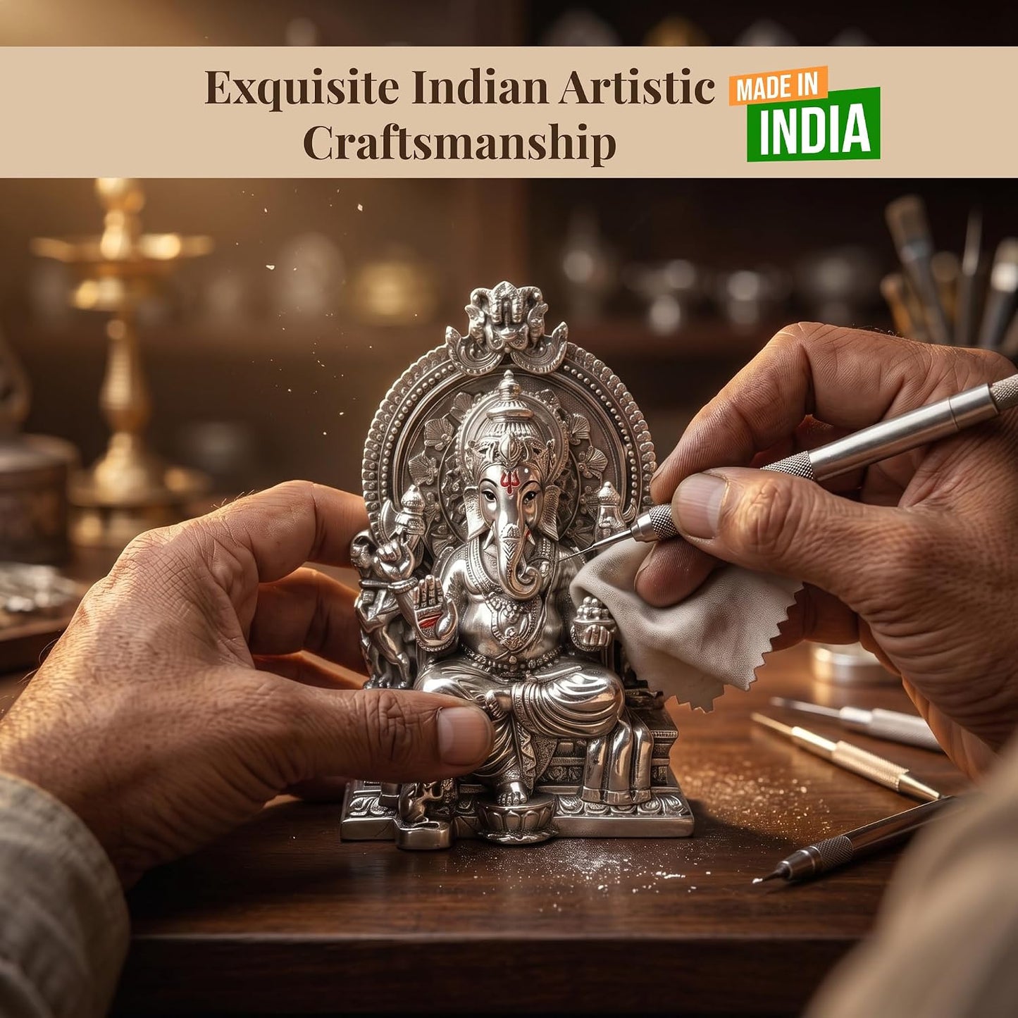 Dev Aastha Silver Plated Throne Ganesh Idol - 3.7 Inch Divine Seated Ganpati Statue on Royal Singhasan for Home Mandir and Office - Auspicious Vastu Decor and Spiritual Gift with Anti-Tarnish Finish