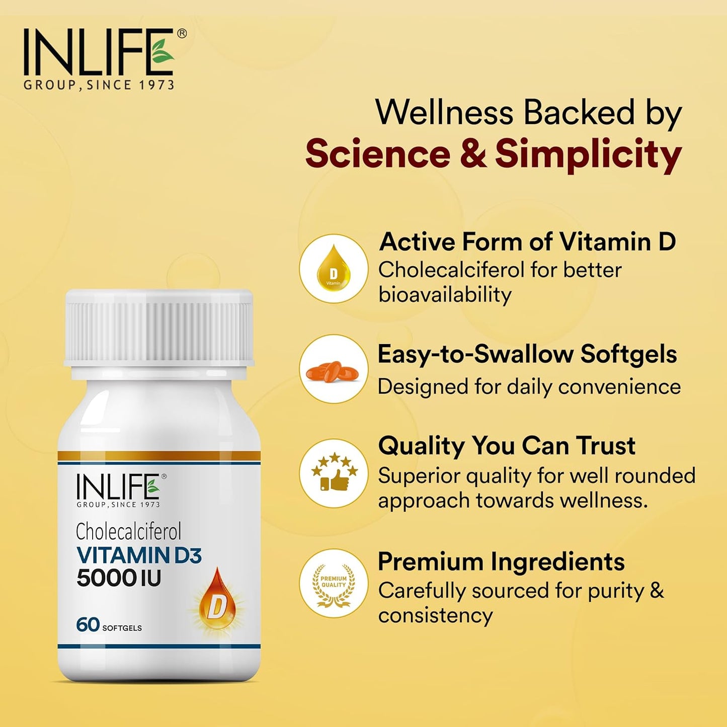 INLIFE Vitamin D3 5000 IU Cholecalciferol with Coconut Oil Supplement for Better Absorption, For Men & Women, Immunity, Bone Health, Muscles - 60 Softgels