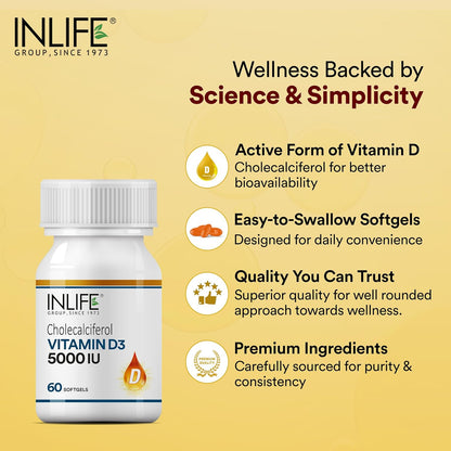 INLIFE Vitamin D3 5000 IU Cholecalciferol with Coconut Oil Supplement for Better Absorption, For Men & Women, Immunity, Bone Health, Muscles - 60 Softgels