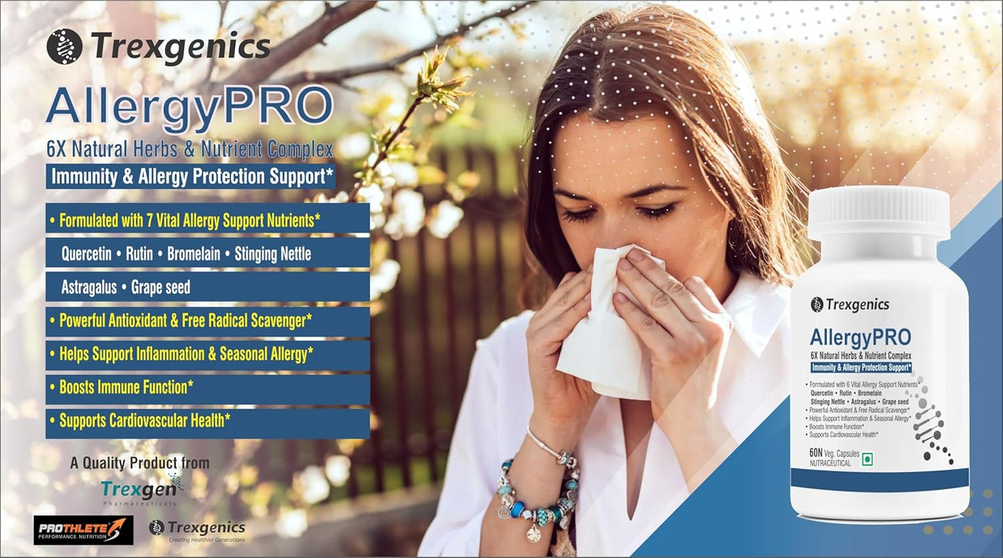 Trexegenics AllergyPRO supplement with a woman sneezing outdoors