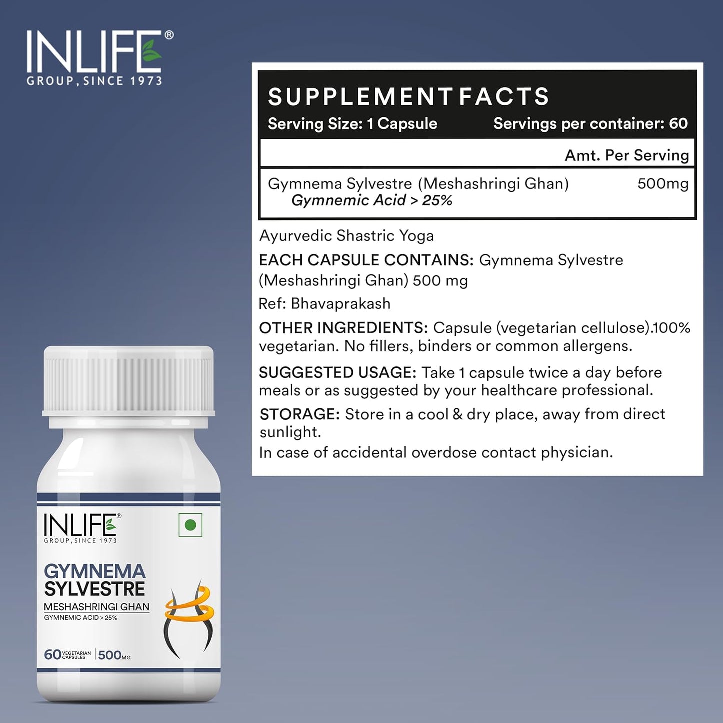 INLIFE Gymnema Sylvestre Capsules 500mg | Ayurvedic Herbal Supplement for Blood Sugar Wellbeing - 60 Vegetarian Capsules (Pack of 1, 60)