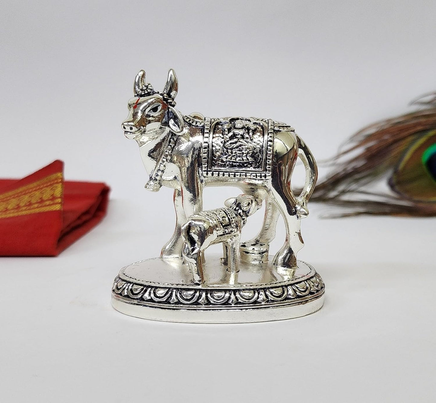 Gold Art India Kamdhenu Cow and Calf Idol | Silver Finish Decorative Murti | 7.62 cm x 7.62 cm | Sacred Gau MATA Statue for Home Temple & Gift