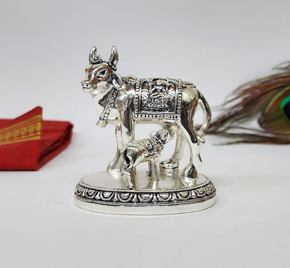 Gold Art India Kamdhenu Cow and Calf Idol | Silver Finish Decorative Murti | 7.62 cm x 7.62 cm | Sacred Gau MATA Statue for Home Temple & Gift