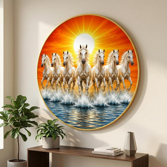 7 Horse Vastu Round Wall Painting with Premium PVC Golden Frame, White Running Horses Sunrise Water Art for Living Room Office Home Decor Gift (20 x 20 Inch) GRL-445
