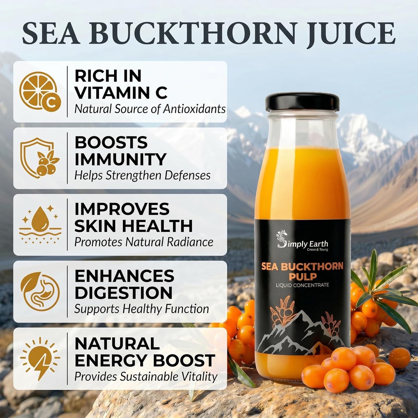 Simply Earth Sea Buckthorn Pulp Liquid Concentrate, Natural Fruit Juice | Omega 3-6-7-9 & Vitamin C, for Immunity, Skin & Heart Health - 300ML (Pack of 1)