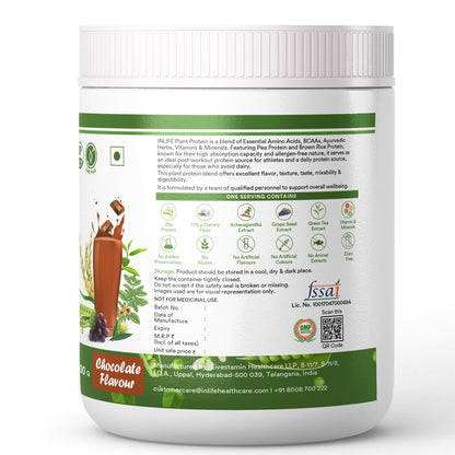 INLIFE Plant Protein Powder - Pea, Quinoa & Brown Rice - 25g Protein - Ashwagandha, Green Tea & Grape Seed Extract - Digestive Enzymes Bodybuilding Supplement (500 g, Chocolate)