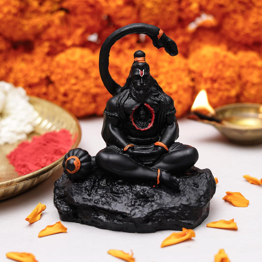 3.5 Inch Meditating Lord Hanuman Idol | Black Finish Bajrangbali Murti with Ram in Heart Design, Gada & Mountain Base for Home Temple, Mandir, Office Desk & Car Dashboard