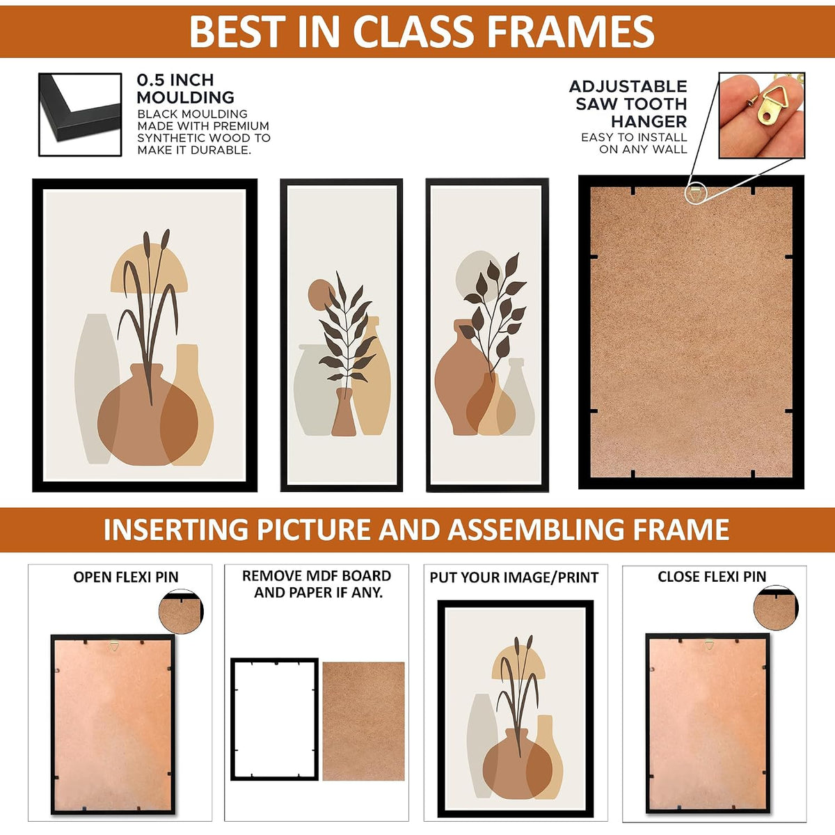 Wall Painting Frames For decor, Pictures Frame For Living Room, Home Decoration, Bedroom, Set of 3, 1pc- 23 x 30 cm, 2pc- 12.5 x 30 cm (Design 17)