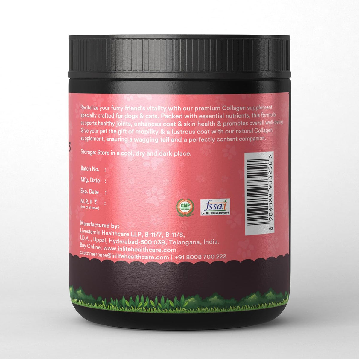 INLIFE Collagen Peptides Supplement Dogs Cats, Glucosamine 200g Strawberry | Joint Lubrication, Synovial Fluid, Immune Health, Antioxidant Activity, Human Grade, Palatable