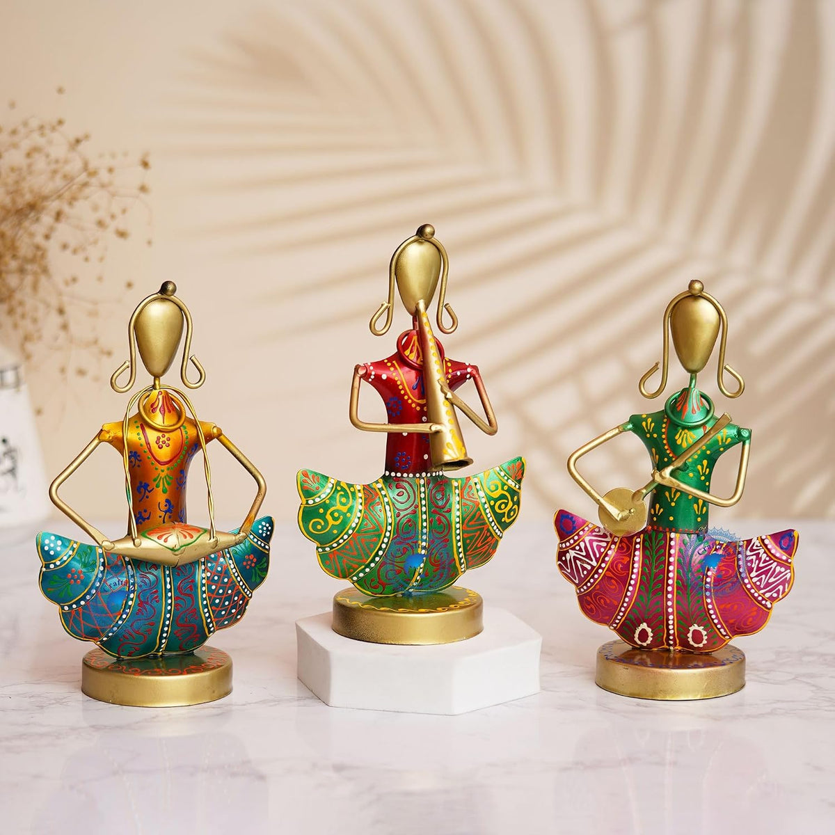 Metal Rajasthani Musicians Lady Set of 3, Aesthetic Home Decor, Home Decor for Bedroom & Gifts.