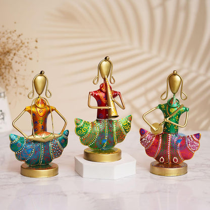 Metal Rajasthani Musicians Lady Set of 3, Aesthetic Home Decor, Home Decor for Bedroom & Gifts.