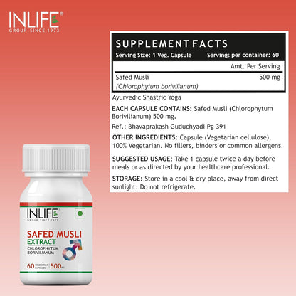 INLIFE Safed Musli Capsules 500mg | Natural Supplement for Strength, Stamina, and Immunity | Quicker Absorption than Tablets - 60 Vegetarian Capsules