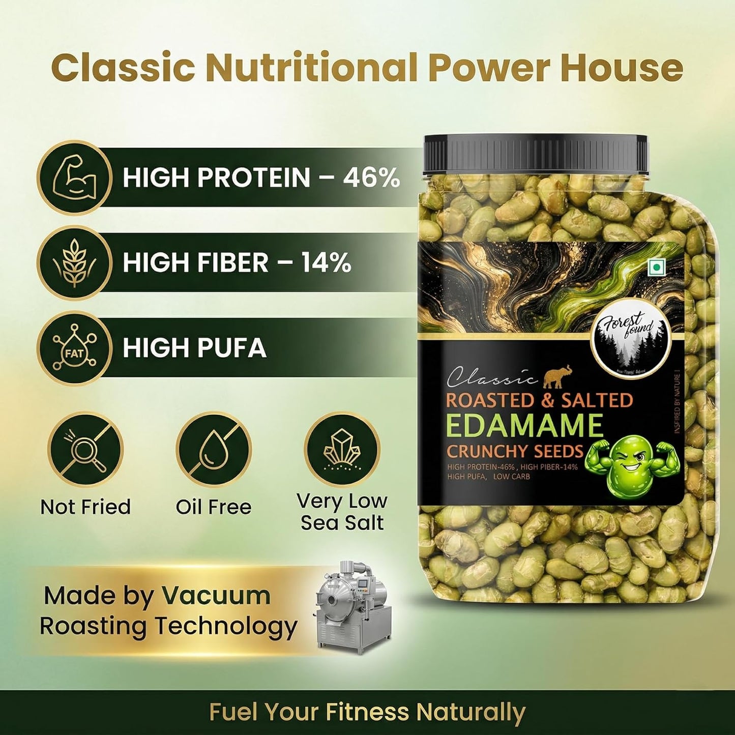 Forest Found Roasted & Salted Edamame (300g) Beans | 46% High Protein & 14% Fiber | Oil-Free Vacuum Roasted Crunchy Seeds | Low Carb, Plant-Based Protein Healthy Snack | Young Green Soybeans