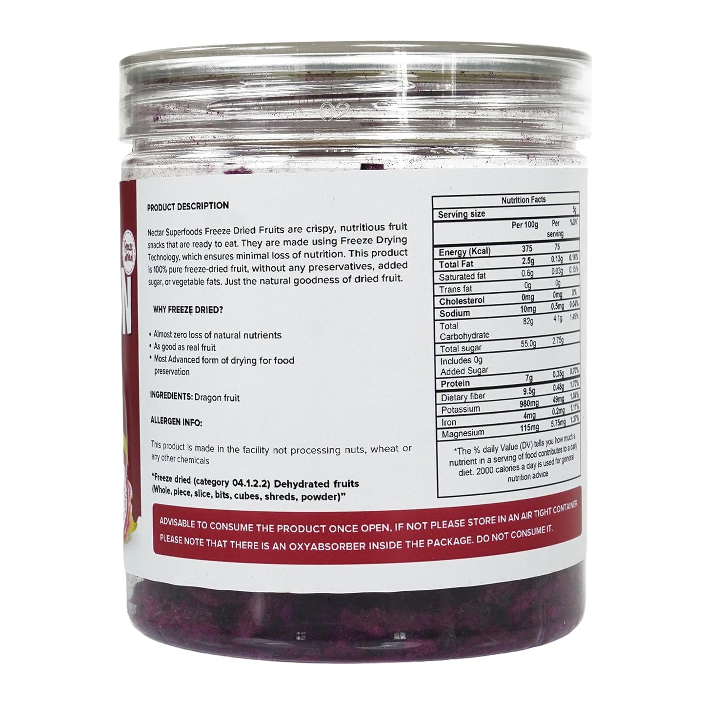 Nectar Superfoods Freeze Dried Dragon fruit - 60 grams Jar-Pack of 1 Nos | 100% Natural & Pure | No Preservatives, No Sugar Added, Vegan | Ideal for Cooking & Seasoning | Made in India