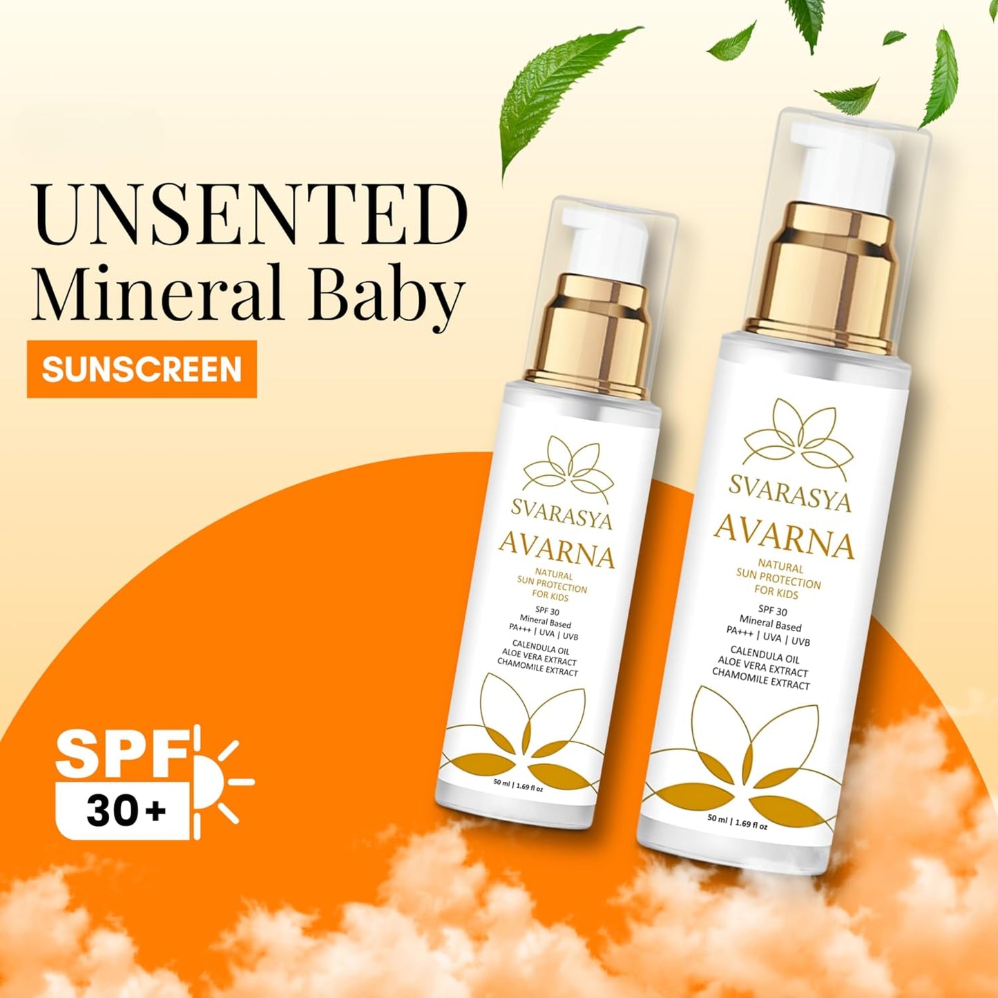 Svarasya Avarna Sunscreen for Kids, 50ml Mineral-Based Kids Sunscreen SPF 30 PA+++, UVA/UVB Protection, Non-Greasy Suncream, Safe for Children Above 6 Months