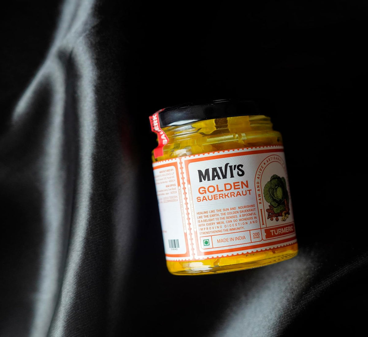 MAVI's Golden Sauerkraut| Spicy, Organic & Natural Cabbage & Fresh Turmeric | Gut friendly | Vegan | No Preservatives | No Artificial Flavour or Colour | 200g (Pack of 1)