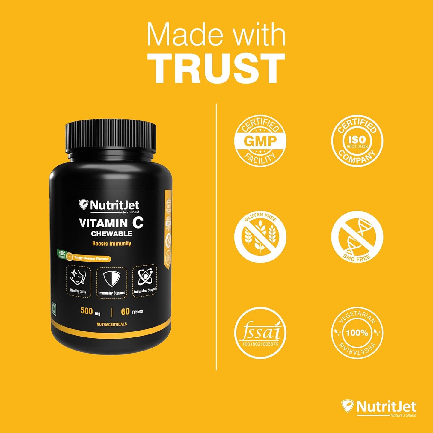 NutritJet Vitamin C 500mg Tablet with Natural Vitamin C Amla Extract With Zinc for Men & Women - Skin Care, Immunity, Antioxidant - 60 Tablets