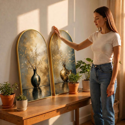 Set of 2 Vase Wall Painting for Living Room, Abstract Floral Modern Artwork, PVC Golden Frame, Arch Shape Wall Decor for Bedroom, Hall, Office & Gift (30 x 32 Inch) RPNL-02-114