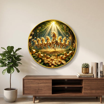 7 Horse Vastu Round Wall Painting with Premium PVC Golden Frame, Golden Running Horses Wealth Coins Forest Art for Living Room Office Home Decor (20 x 20 Inch) GRL-438