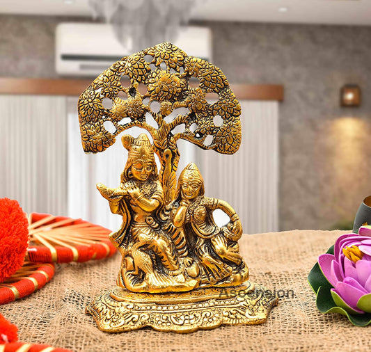 Metal Radha Krishna Idol Decorative Showpiece Statue for Puja Room Home Decor Office Desk Decoration Gift Items (7 x 6 Inches) Gold