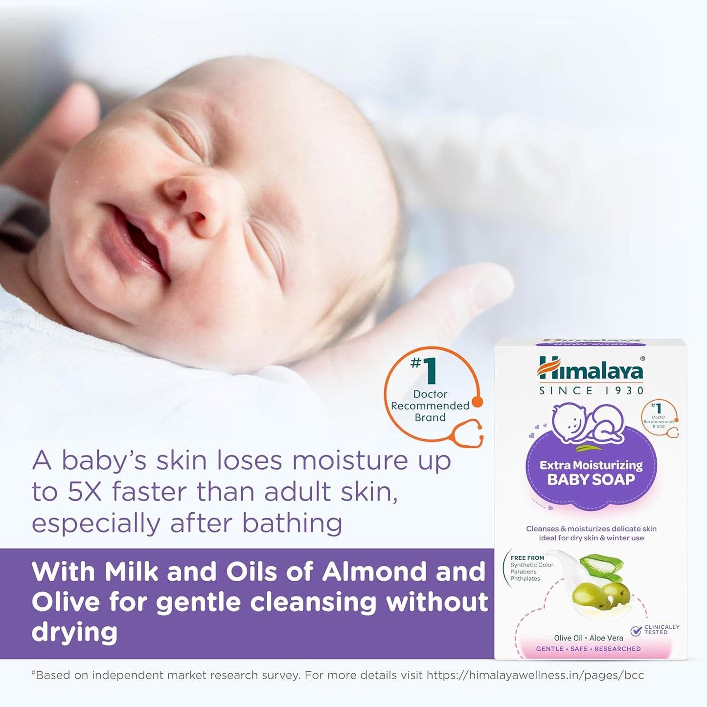 Himalaya Extra Moisturizing Baby Soap for Dry Skin - 75g | Helps Lock In Moisture With Aloe-Milk Moisture Complex of Almond & Olive Oil | Free From Harsh Chemicals | #1 Doctor Recommended Brand