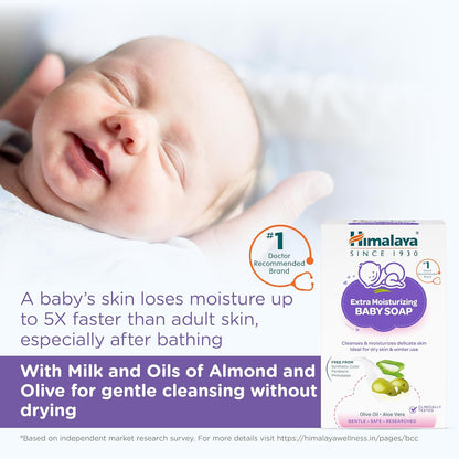 Himalaya Extra Moisturizing Baby Soap for Dry Skin - 75g | Helps Lock In Moisture With Aloe-Milk Moisture Complex of Almond & Olive Oil | Free From Harsh Chemicals | #1 Doctor Recommended Brand