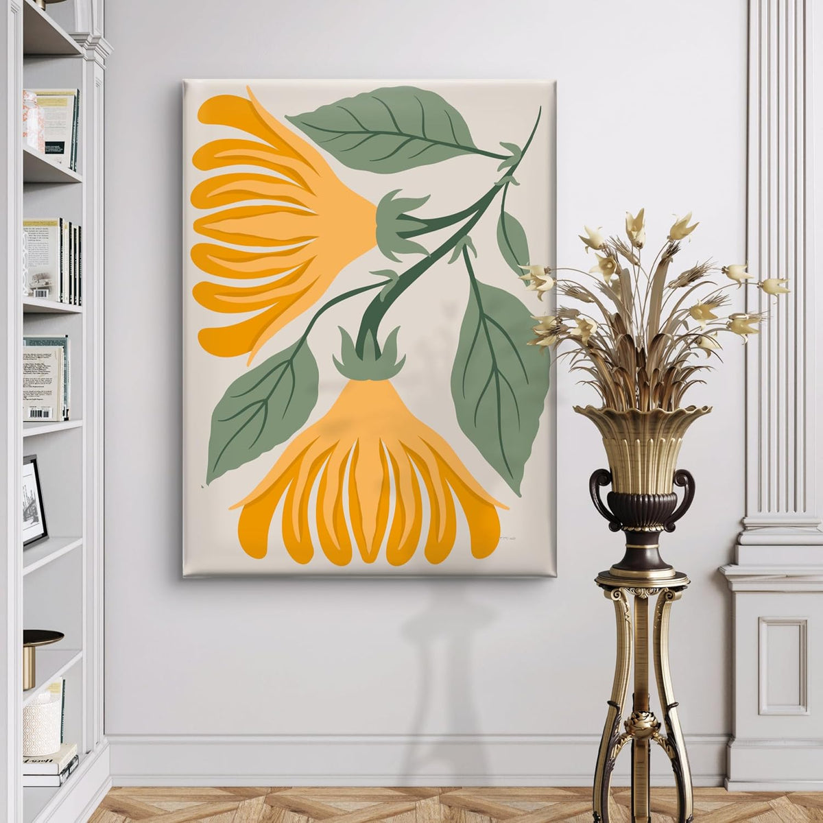 Abstract Yellow Floral Canvas Wall Art | Bold Modern Botanical Painting with Green Leaves | Ready to Hang Nature-Inspired Artwork for Living Room, Office & Bedroom (18 x 24 Inch) CVD-446