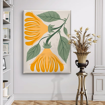 Abstract Yellow Floral Canvas Wall Art | Bold Modern Botanical Painting with Green Leaves | Ready to Hang Nature-Inspired Artwork for Living Room, Office & Bedroom (18 x 24 Inch) CVD-446