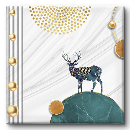 Modern Nordic Deer Wall Art Canvas Print, White Marble Background with Gold Accents, Teal and Gold Home Decor 16 Inch x 16 Inch CVS-38106