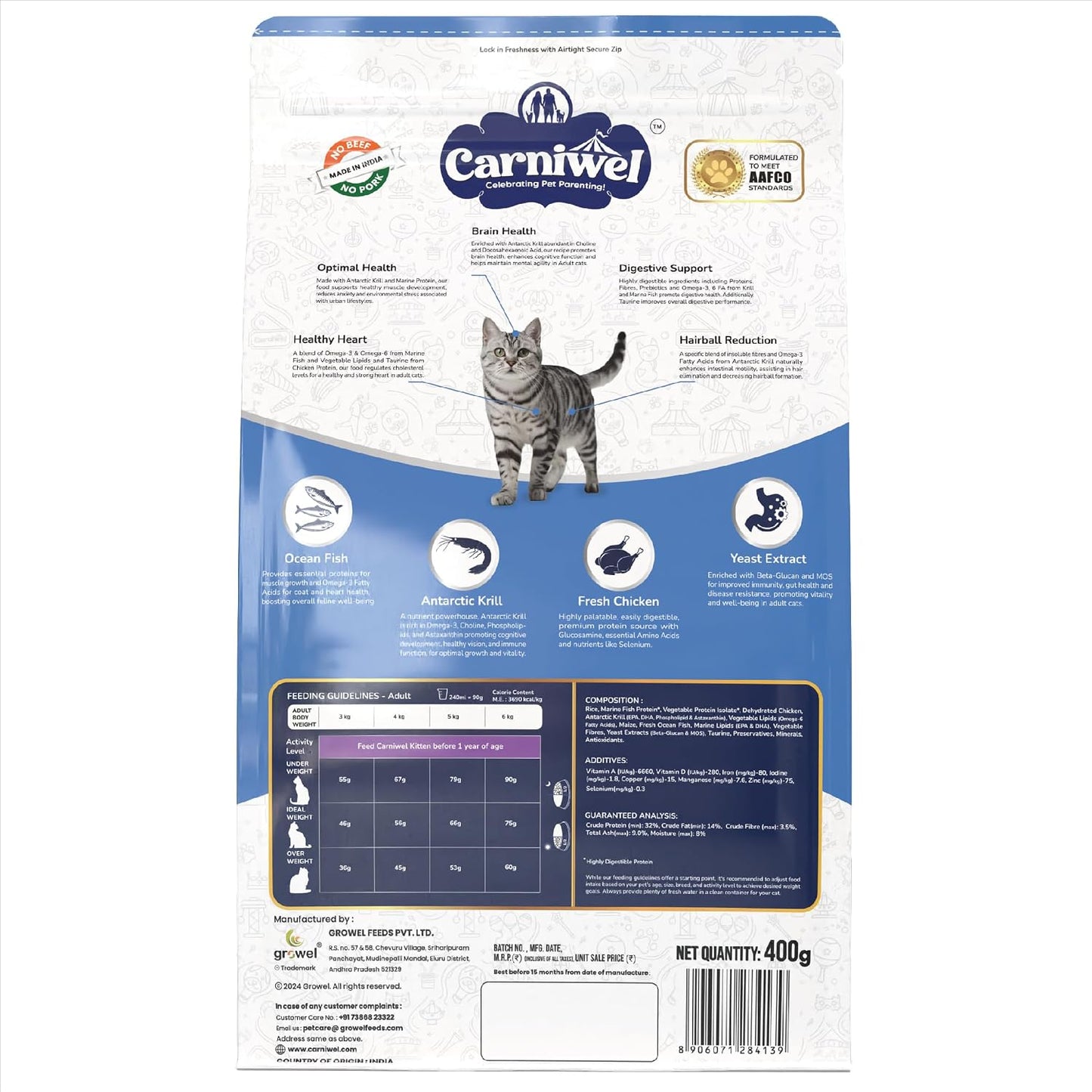 Carniwel Ocean Fish & Antarctic Krill Adult Dry Cat Food 400 gm | Fresh & Natural Ingredients | Highly Palatable | Supports Healthy Skin & Glossy Coat | Premium Nutrition for Cats