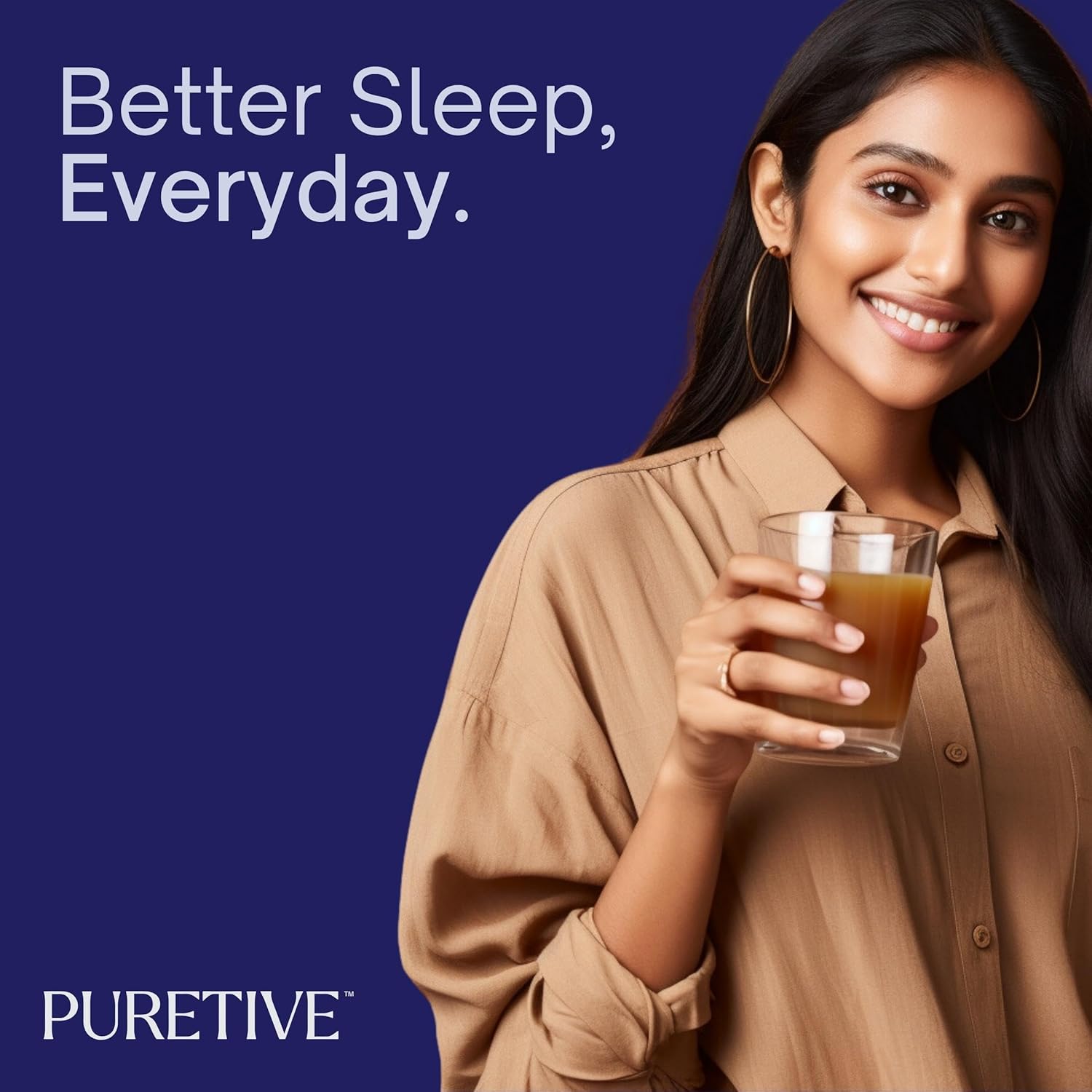 Woman holding a glass of tea with 'Better Sleep, Everyday' text and Puretive logo on a blue background