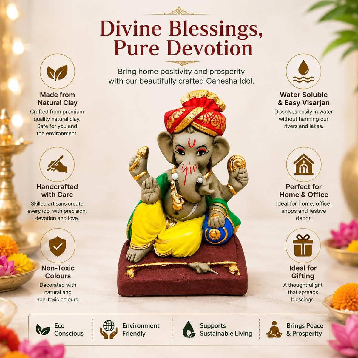 SHOPMEFAST Clay Ganesh Idol, 4 Inches Height, Water Soluble Ganpati Murti for Ganpati Visarjan (Small) (Multicolor - Pagri Ganesha)