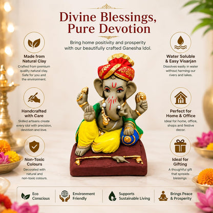 SHOPMEFAST Clay Ganesh Idol, 4 Inches Height, Water Soluble Ganpati Murti for Ganpati Visarjan (Small) (Multicolor - Pagri Ganesha)
