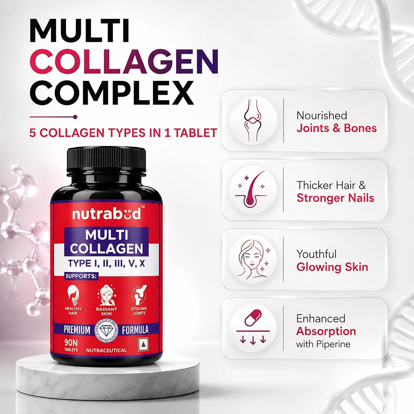 Nutrabud Multi Collagen Complex Supplement for Women, Men - 90 Tablets - Hydrolyzed Peptides with all 5 Types of Collagen Including TYPE I, II, III, V & X (90 Count (Pack of 1), Unflavoured)