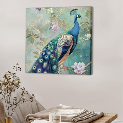 Elegant Peacock Artwork Stretched Canvas Painting for Living Room | Bird Nature Painting Wall Décor Art For Livingroom, Bedroom, Office, Hallways - 16x16 Inch