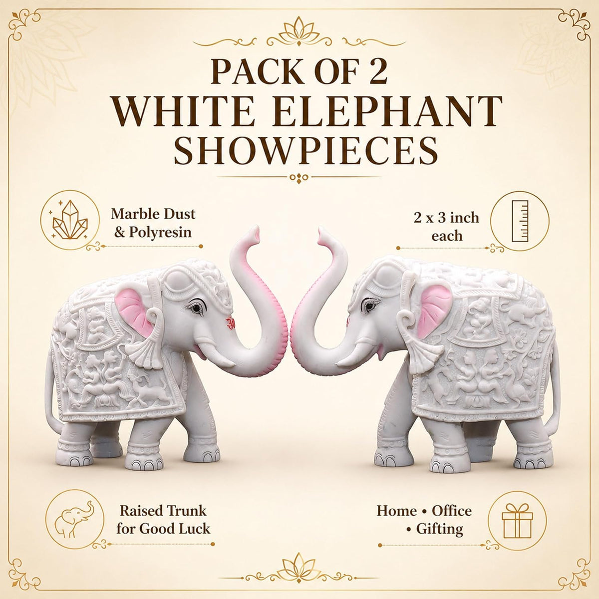 Pack of 2 White Elephant Showpieces Home Decor for Living Room, Table, Shelf, 2 x 3 inch Elephant Marble Resin Statue for Vastu, Feng Shui, Office Decor, Gifting