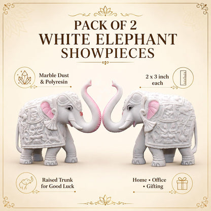 Pack of 2 White Elephant Showpieces Home Decor for Living Room, Table, Shelf, 2 x 3 inch Elephant Marble Resin Statue for Vastu, Feng Shui, Office Decor, Gifting
