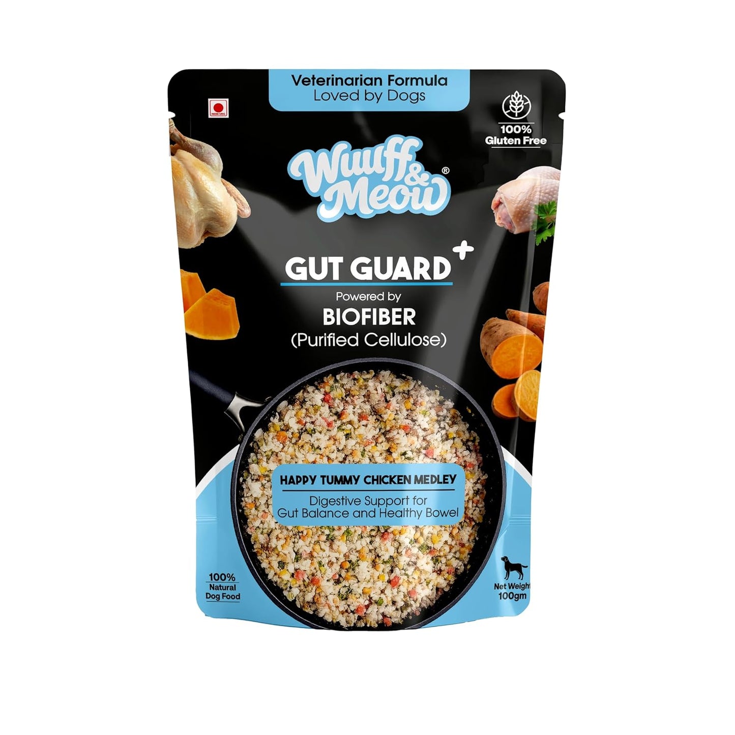 Wuuff&Meow Gut Guard Gently Cooked Dog Food | Digestive Health Vet-Formulated Functional Food for Dogs Powered By BIOFIBER™ with Arbocel® Plant-Based Fiber | 100g