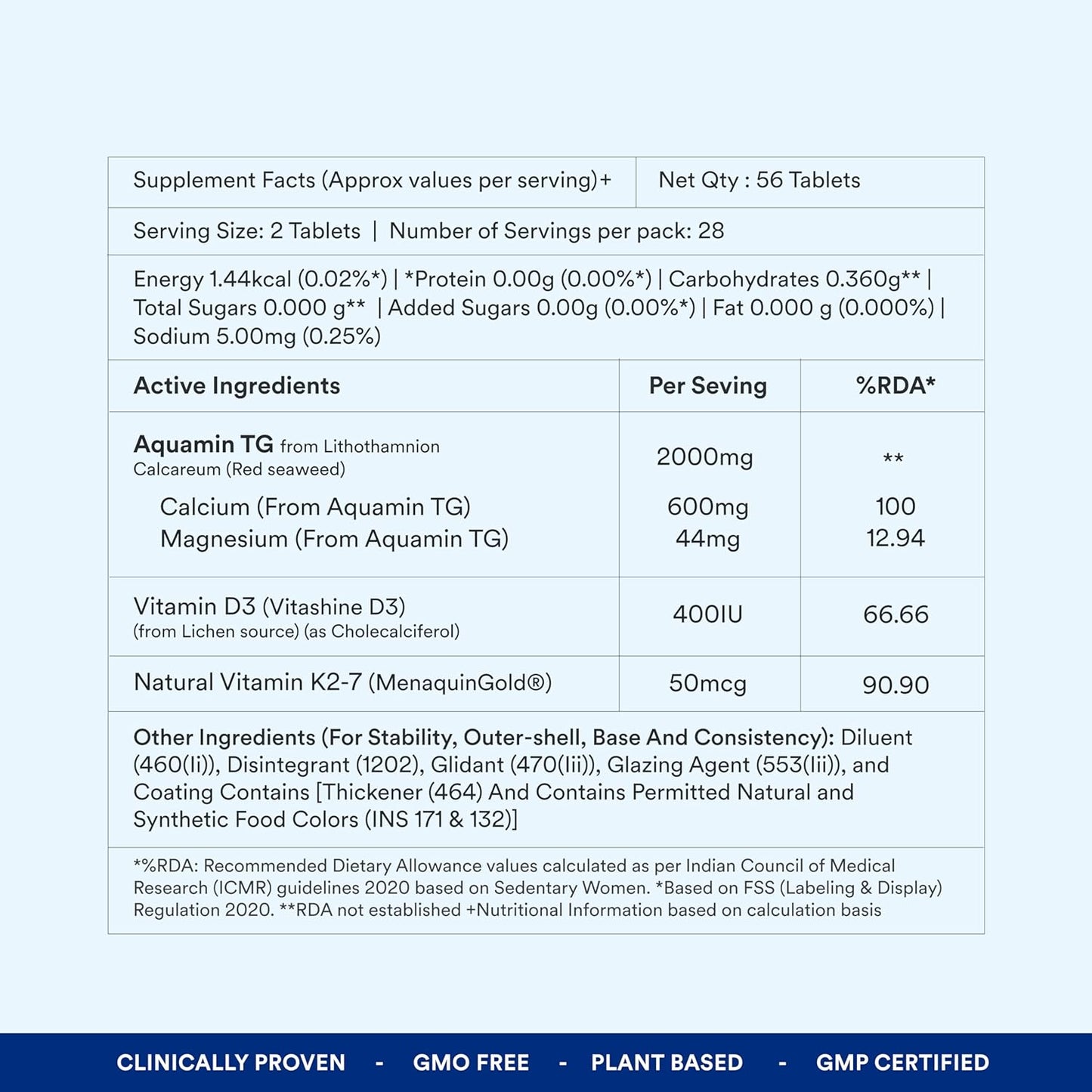 Bone Strength | Plant-based Calcium with Vitamin D3, K2-7 & Magnesium | Supports bone health| GMP Certified | 56 Veg Capsules